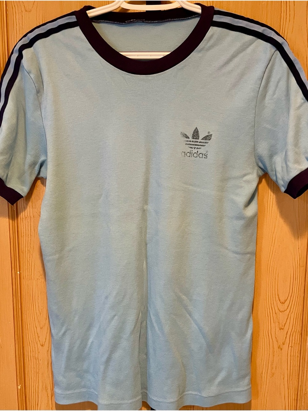 Adidas Trefoil Ringer Tee Light Blue Dark Navy 3 Stripe Shirt Small